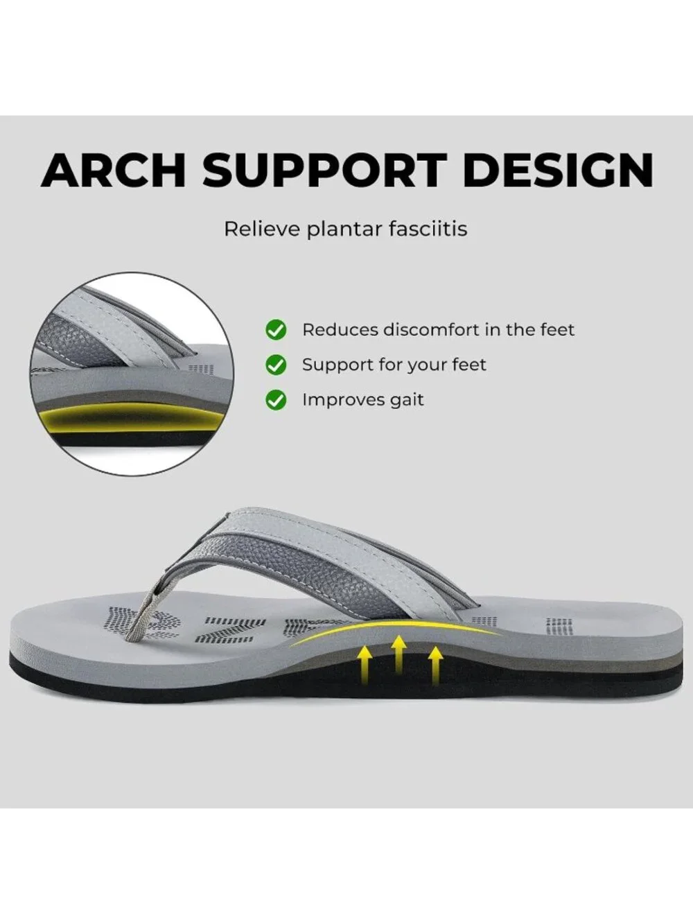 Men's Grey Flip Flops With Arch Support Summer Outdoor Beach Sandals